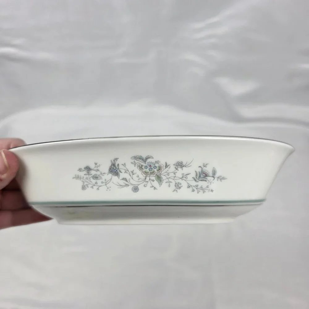 Oxford China Spring 8 Inch Oval Serving Bowl Multicolor Floral Rim Aqua Band